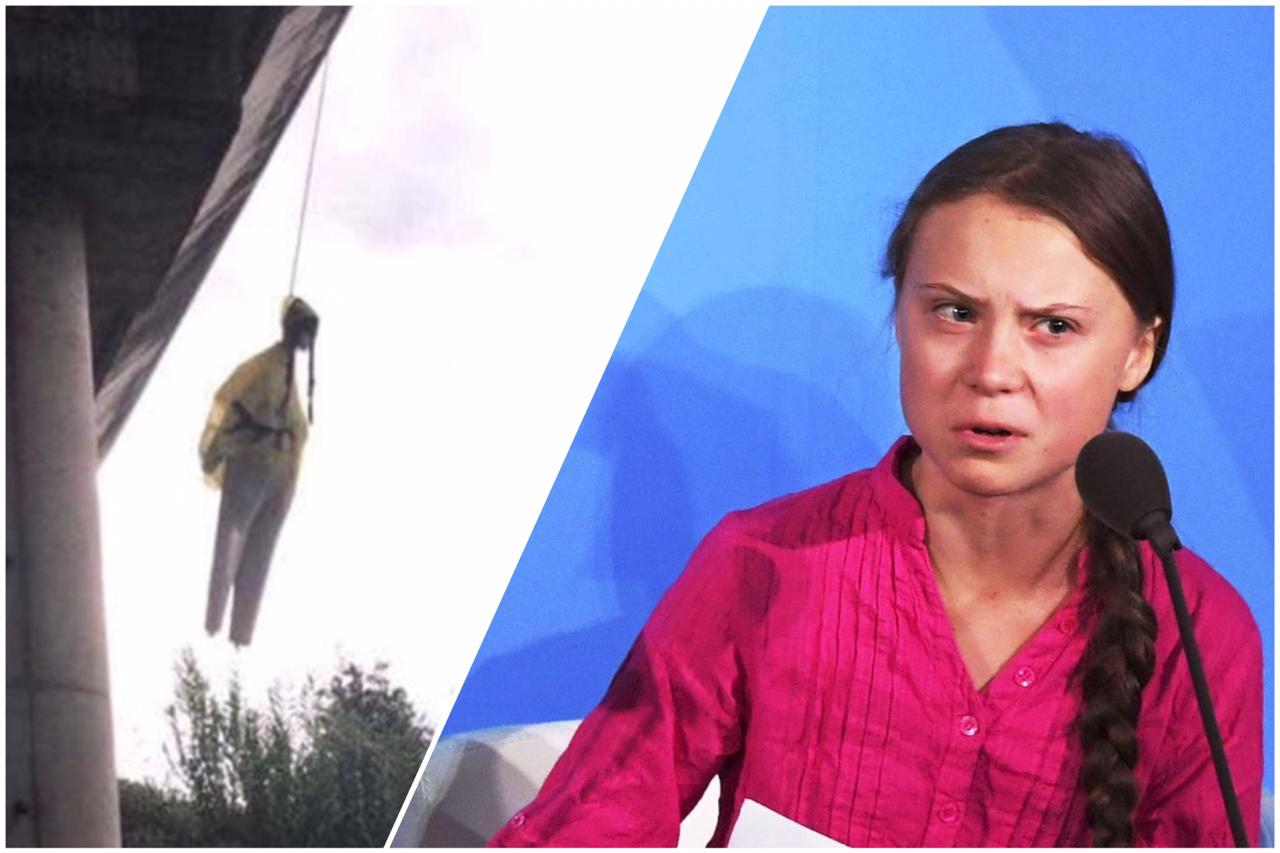 Aparece muñeco de Greta Thunberg colgado de un puente