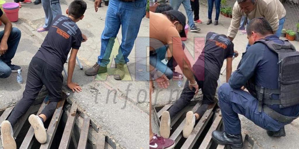 Niño se atora en alcantarilla de Jiutepec