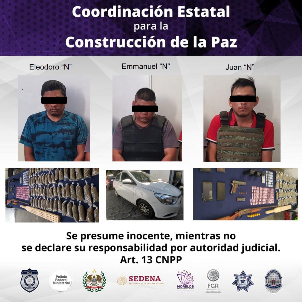 Detienen a tres con droga y armas largas en Jojutla