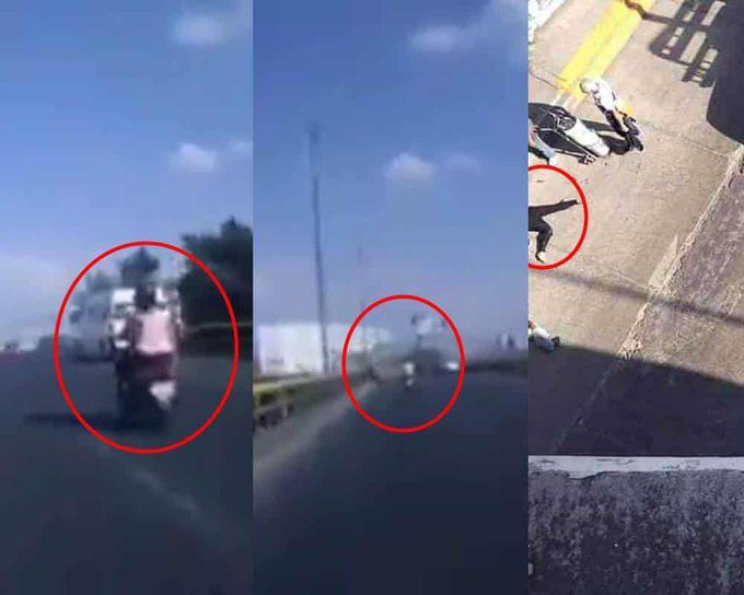 [VIDEO] Captan momento en que moticiclistas chocan y caen de puente vehicular