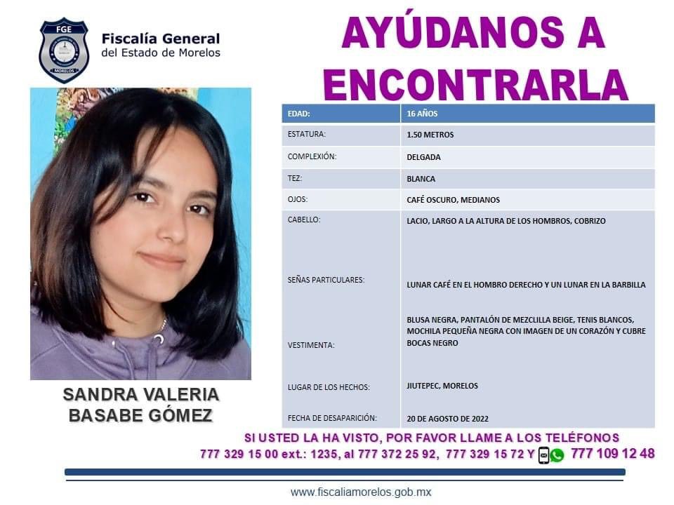 Buscan a Sandra Valeria Besabe Gómez, fue vista por última vez en Tejalpa, Jiutepec