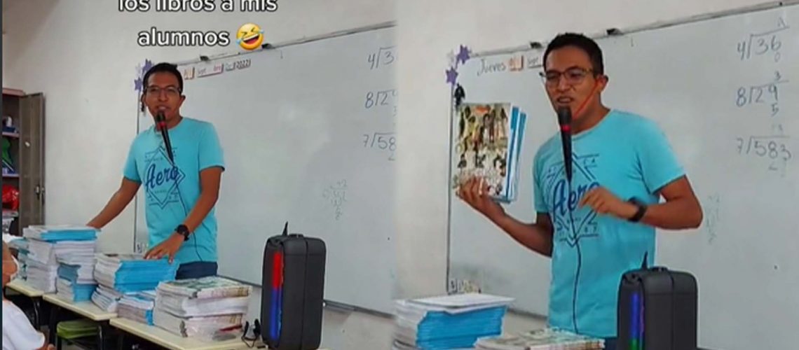[VIDEO] Como vendedor de colchas de feria, maestro entrega libros a alumnos