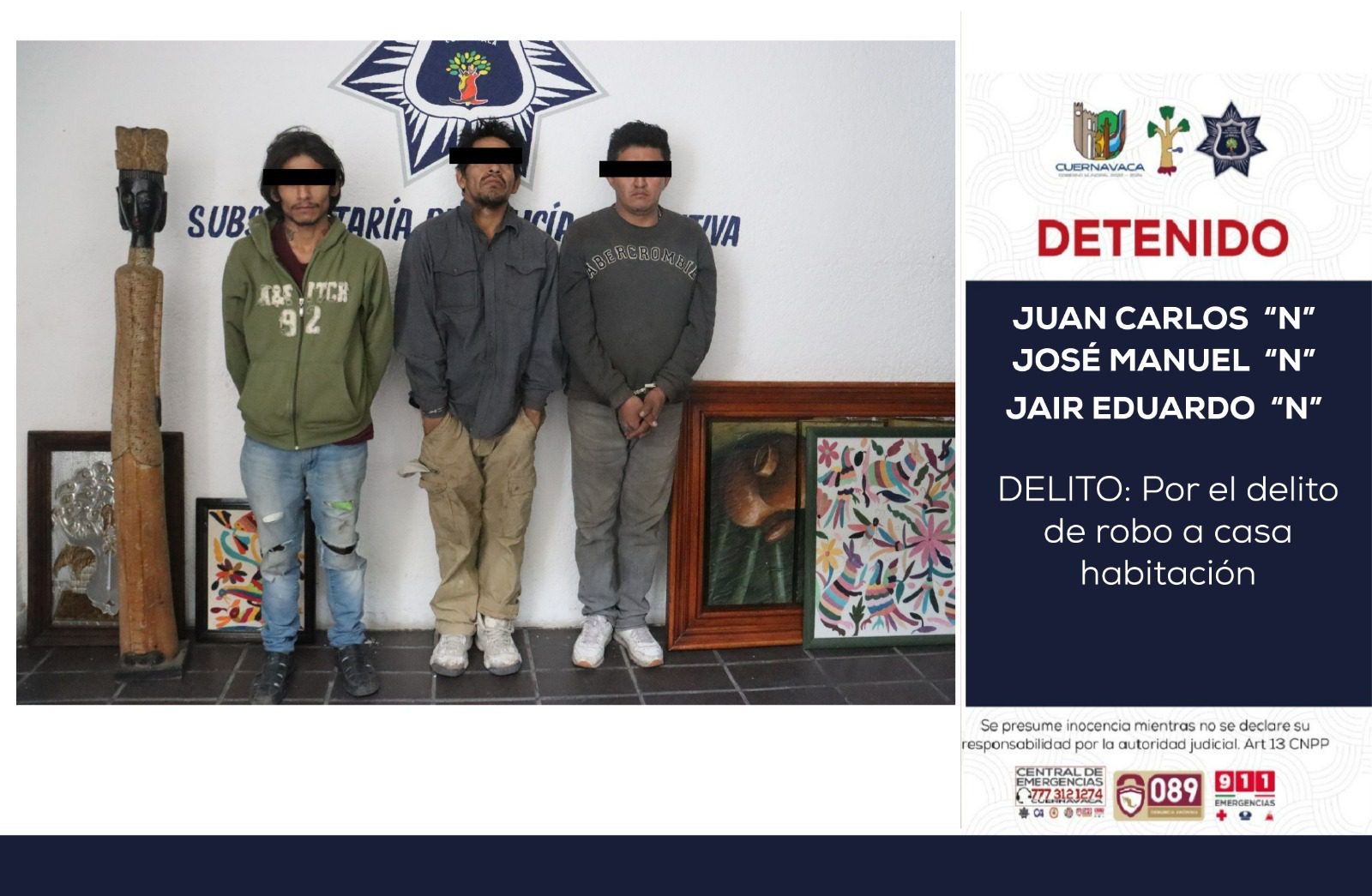 Detienen a tres presuntos delincuentes que robaban en casas de Cuernavaca