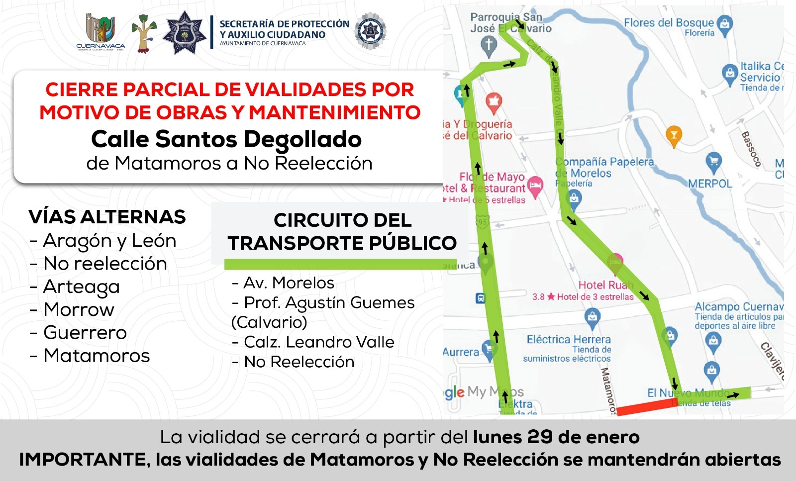 A partir de este 29 de enero, iniciaran las obras de rehabilitación del drenaje sanitario en la calle Santos Degollado entre calles Matamoros y No Reelección en el centro de Cuernavaca, por lo que habrá un cierre parcial.