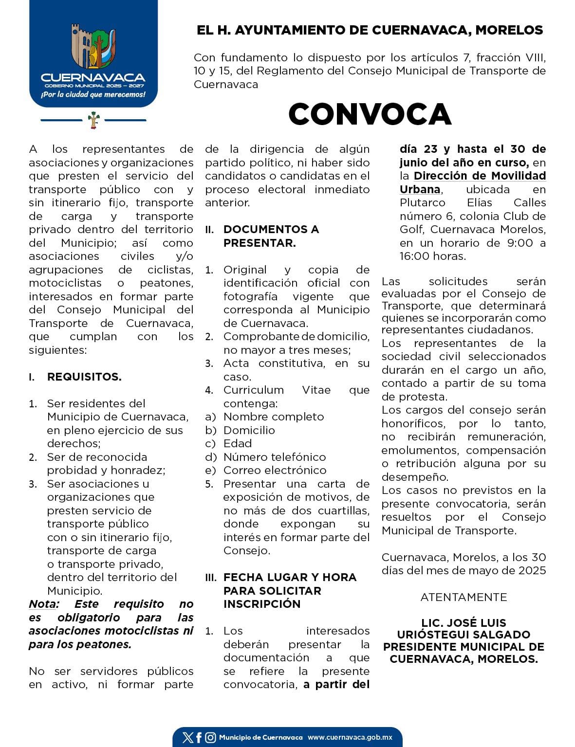 Convocatoria Consejo Municipal de Transporte de Cuernavaca
