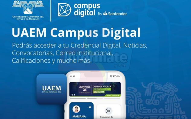 Interfaz de la aplicación UAEM Campus Digital en un teléfono inteligente mostrando la credencial digital