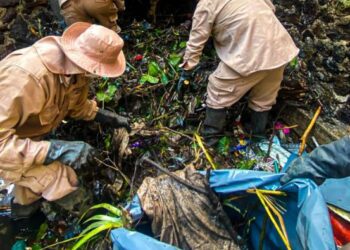 Personal operativo de conservación de barrancas del municipio de Cuernavaca realizando maniobras de desazolve