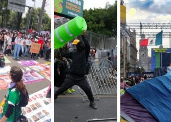 Contingentes de manifestantes avanzan por la calzada de Tlalpan en la Ciudad de México durante operativo de seguridad