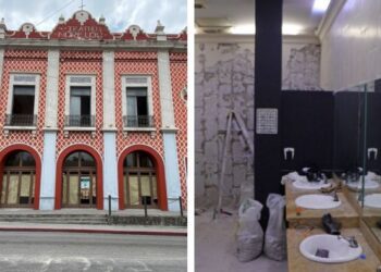 Alt text para imagen destacada:* Fachada del Cine Morelos en el centro de Cuernavaca con andamios y trabajadores realizando labores de pintura y restauración arquitectónica.