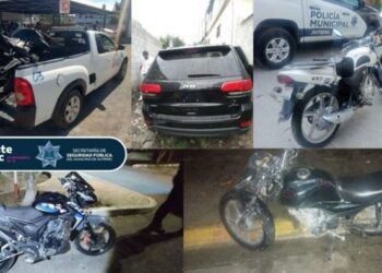 Elementos de la policía vial y preventiva de Jiutepec resguardando motocicletas y un vehículo recuperados junto a una patrulla del municipio.